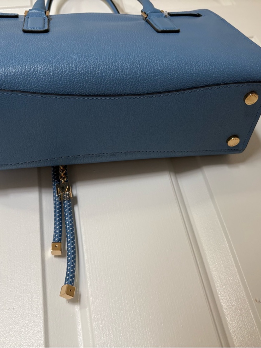 Michael Kors Bright Blue Hamilton Moderne Leather Shoulder Tote Gold Accents - Picture 3 of 5